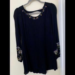 Black embroidered long sleeve keyhole dress